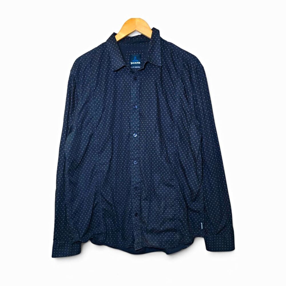 prAna Men's XL Blue Geometric Print Button-Up Shirt Long Sleeve Organic Cotton